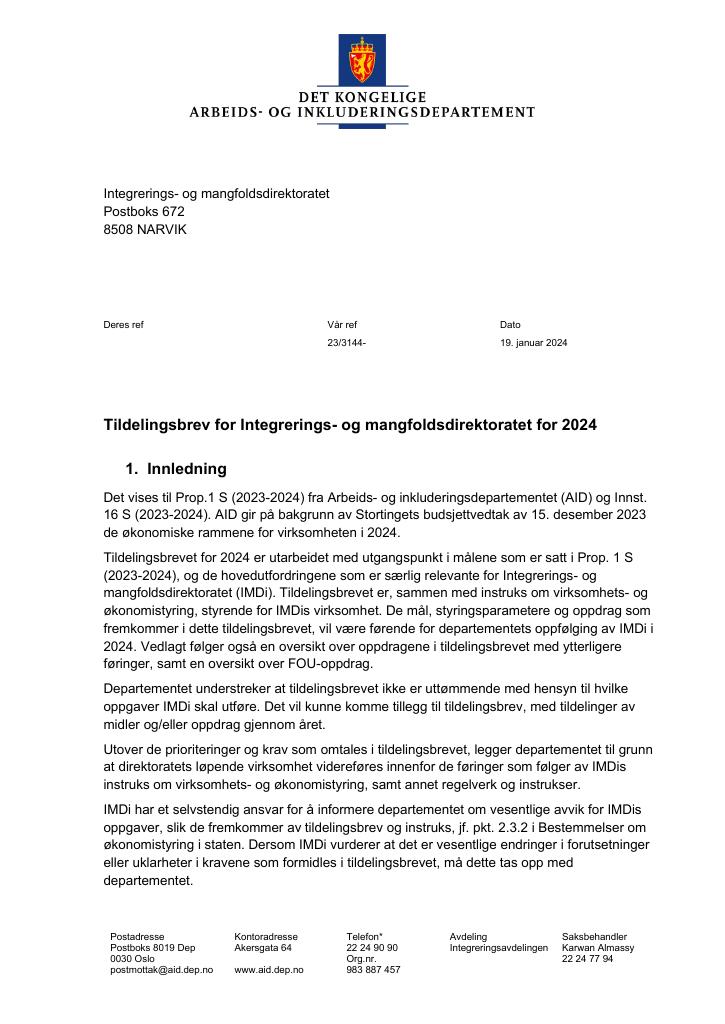 Forsiden av dokumentet Tildelingsbrev IMDi 2024