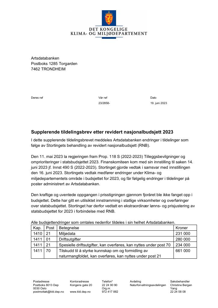 Forsiden av dokumentet Supplerende tildelingsbrev 19.06.2023