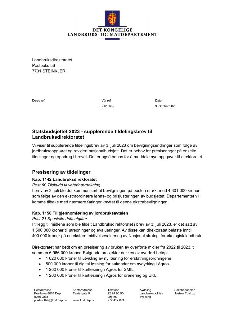 Forsiden av dokumentet Tildelingsbrev Landbruksdirektoratet 2023 - tillegg nr. 9