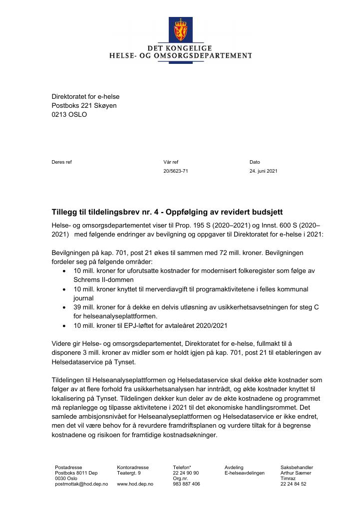 Forsiden av dokumentet Tildelingsbrev Direktoratet for e-helse 2021 - tillegg nr. 4