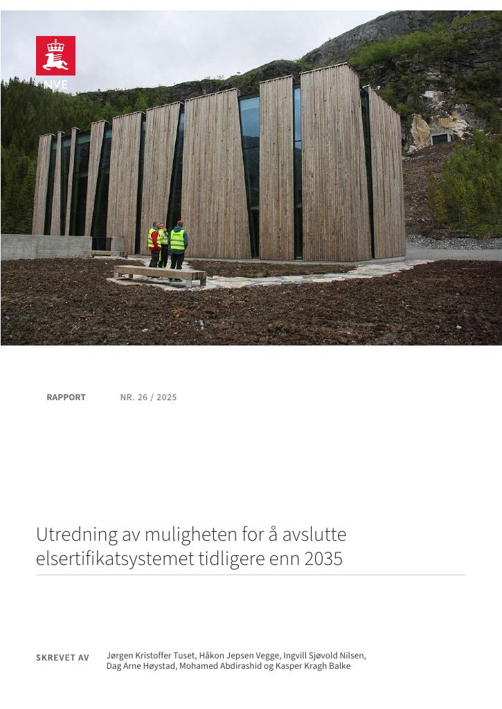 Forsiden av dokumentet Utredning av muligheten for å avslutte elsertifikatsystemet tidligere enn 2035