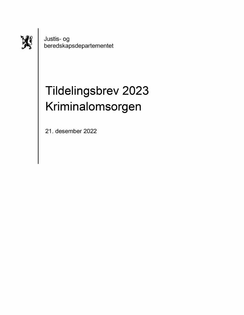 Forsiden av dokumentet Tildelingsbrev Kriminalomsorgen 2023