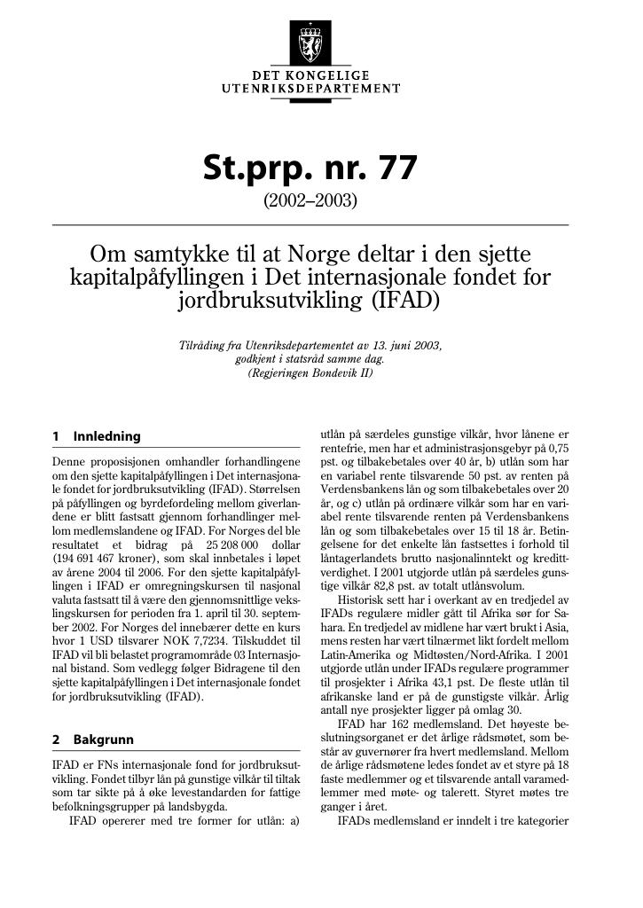 Forsiden av dokumentet St.prp. nr. 77 (2002-2003)