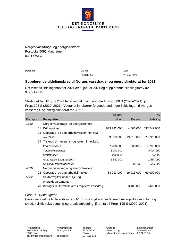 Forsiden av dokumentet Tildelingsbrev Norges vassdrags- og energidirektorat 2021 - tillegg nr. 2