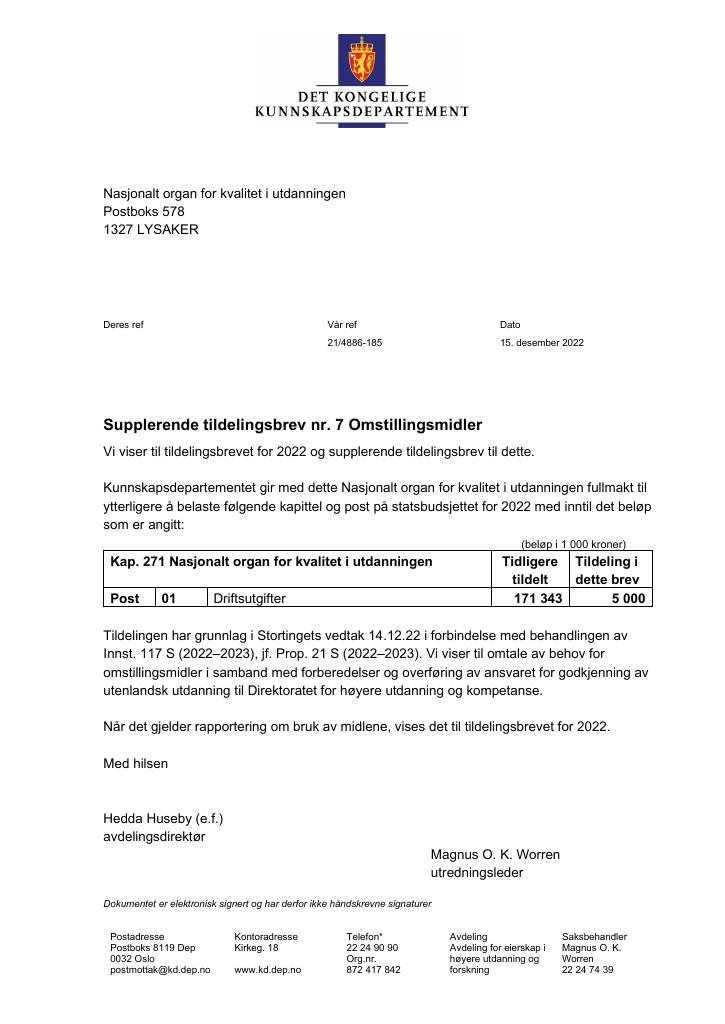 Forsiden av dokumentet Tildelingsbrev NOKUT 2022 - tillegg nr. 7