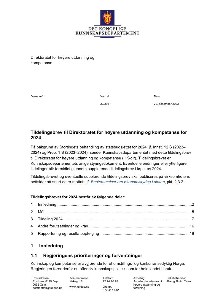 Forsiden av dokumentet Tildelingsbrev 2024