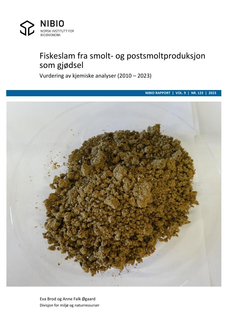 Forsiden av dokumentet Fiskeslam fra smolt- og postsmoltproduksjon som gjødsel – Vurdering av kjemiske analyser (2010 – 2023)