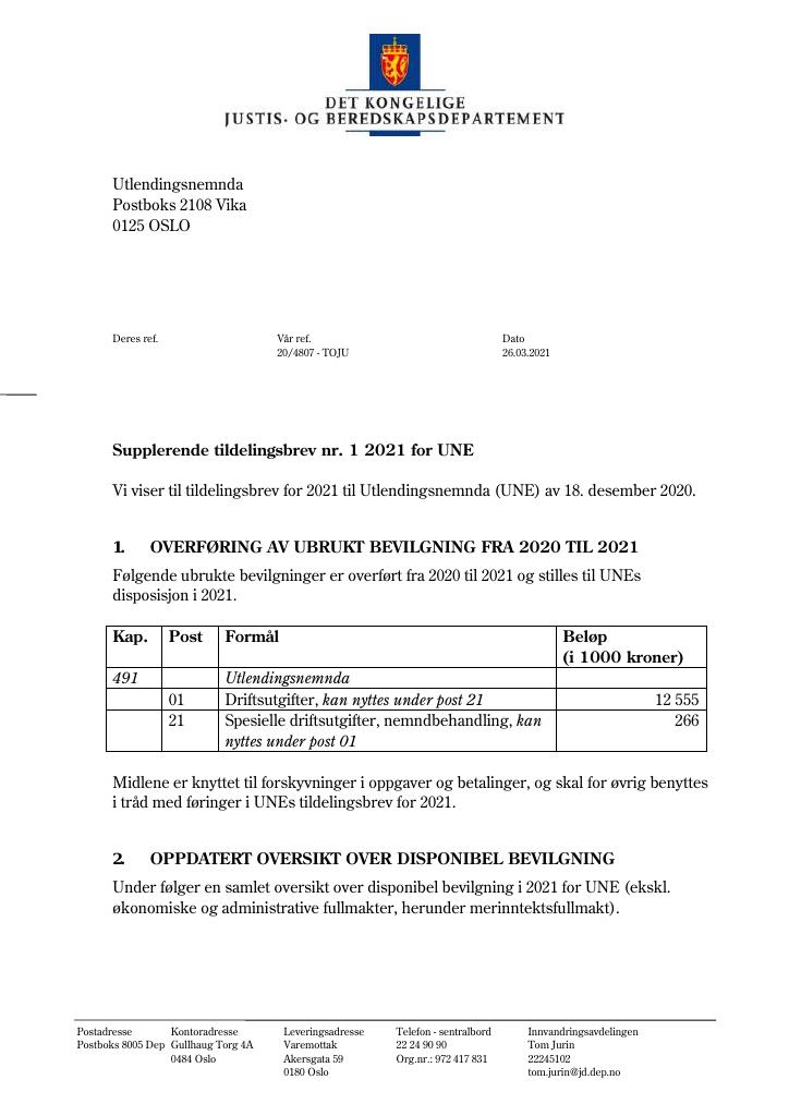 Forsiden av dokumentet Tildelingsbrev Utlendingsnemnda 2021 - tillegg nr. 1