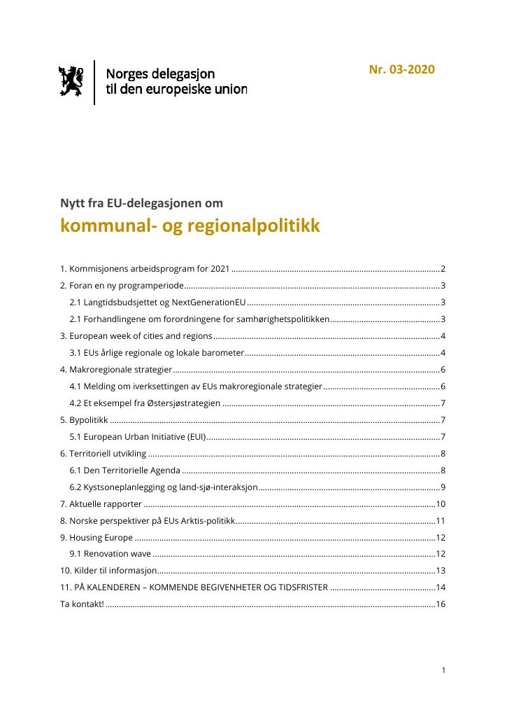 Forsiden av dokumentet Nytt fra EU-delegasjon om regional- og kommunalpolitikk (11/2020)