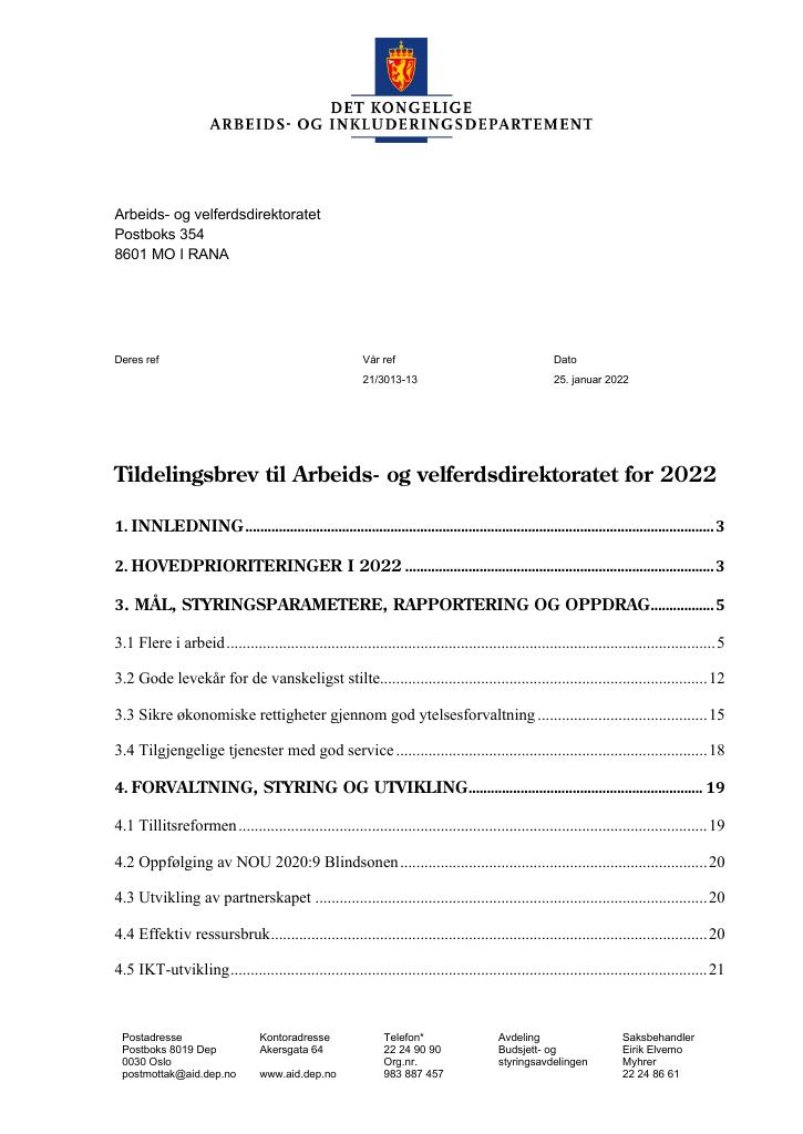 Tildelingsbrev Arbeids- Og Velferdsdirektoratet 2022 - Kudos