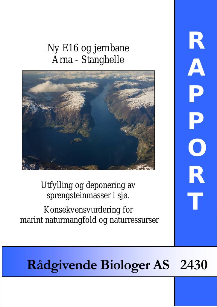 Forsiden av dokumentet Ny E16 og jernbane Arna – Stanghelle. Konsekvensvurdering for marint naturmangfold og naturressurser