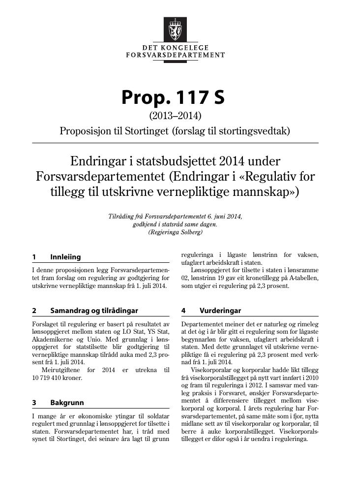 Forsiden av dokumentet Prop. 117 S  (2013–2014)