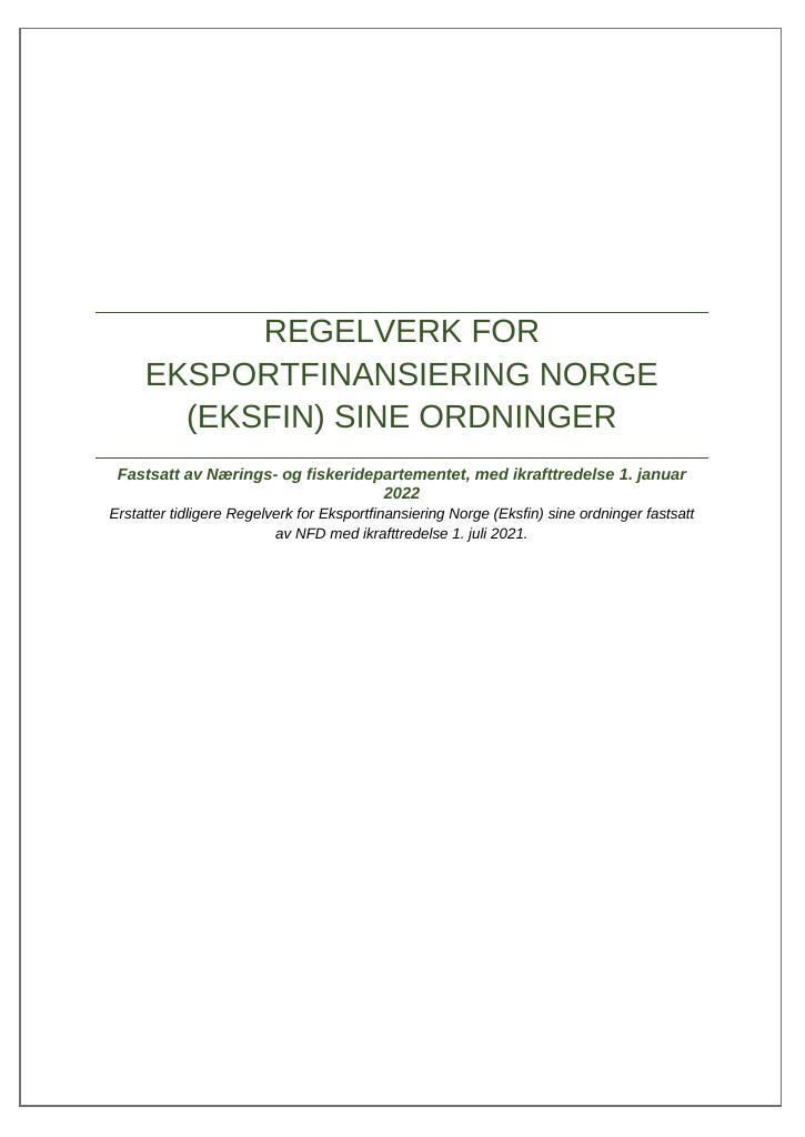 Forsiden av dokumentet Utkast til revidert regelverk for Eksfin - til tildelingsbrev for 2022