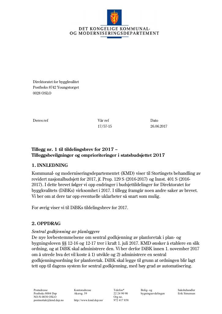 Forsiden av dokumentet Tilleggsbrev juni 2017 (pdf)