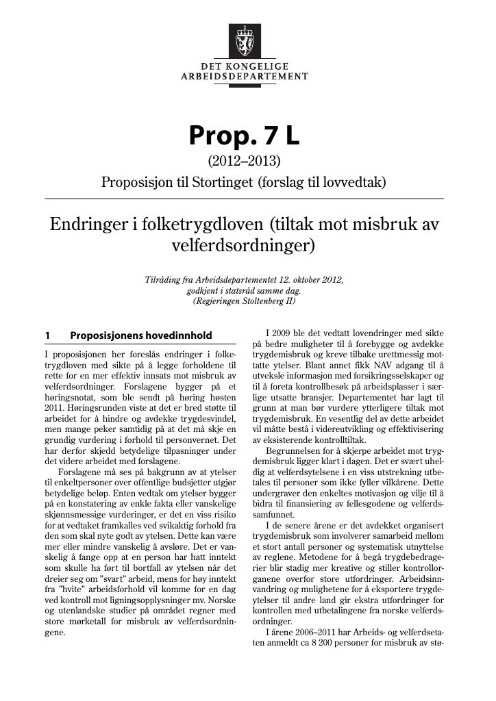Forsiden av dokumentet Prop. 7 L (2012–2013)