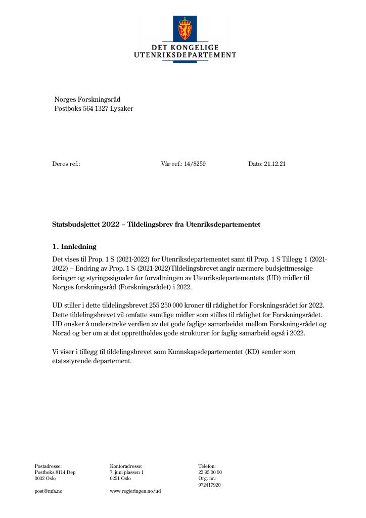 Forsiden av dokumentet Tildelingsbrev Norges forskningsråd 2022