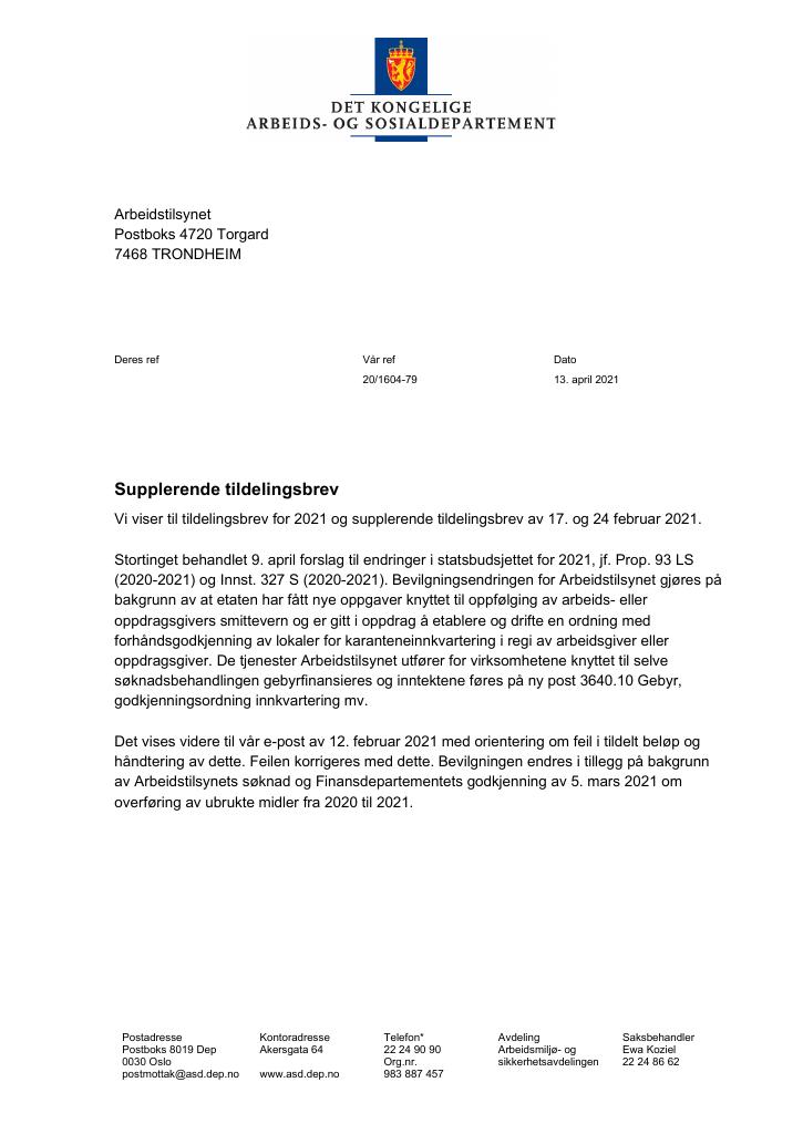 Forsiden av dokumentet Tildelingsbrev Arbeidstilsynet 2021 - tillegg nr. 5