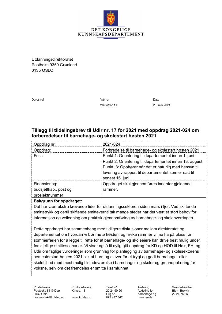 Forsiden av dokumentet Tildelingsbrev Utdanningsdirektoratet 2021 - tillegg nr. 17