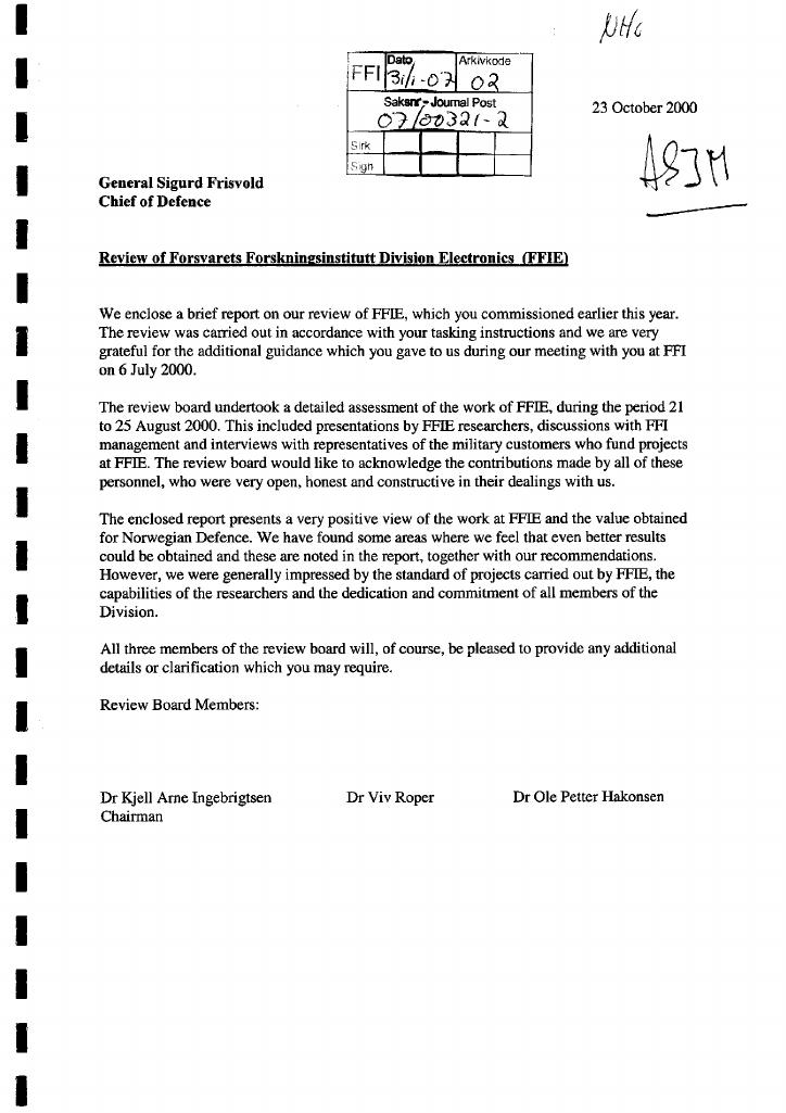 Forsiden av dokumentet Review of Forsvarets Forskningsinstitutt Division Electronics (FFIE)