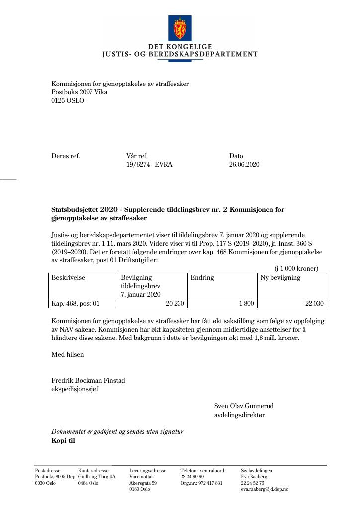 Forsiden av dokumentet Supplerende tildelingsbrev Kommisjonen for gjenopptakelse av straffesaker 2020 - tillegg nr. 2