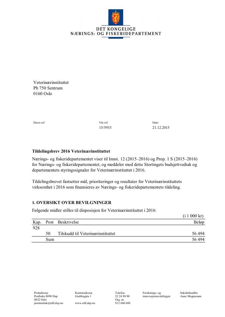 Forsiden av dokumentet Tildelingsbrev