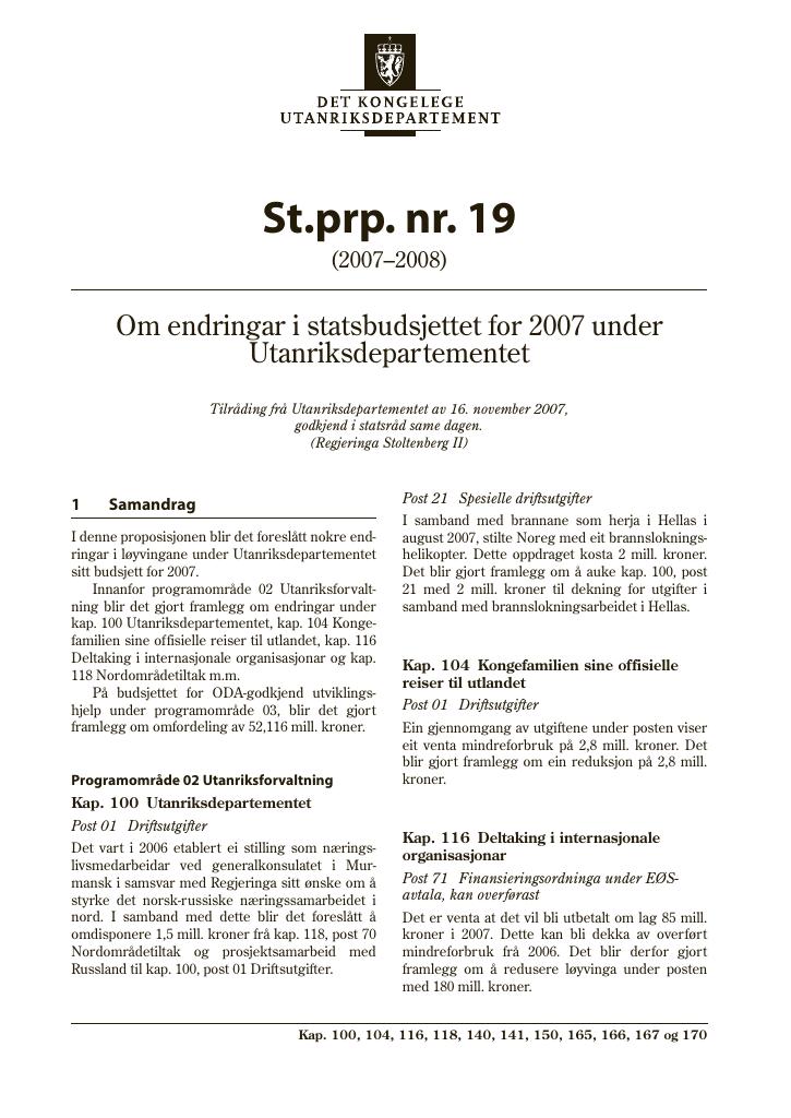 Forsiden av dokumentet St.prp. nr. 19 (2007-2008)
