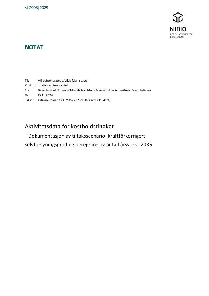 Forsiden av dokumentet Oppdatering av tiltaksbeskrivelser for gjødseltiltakene i Klimatiltak i Norge 2024 : M-2908