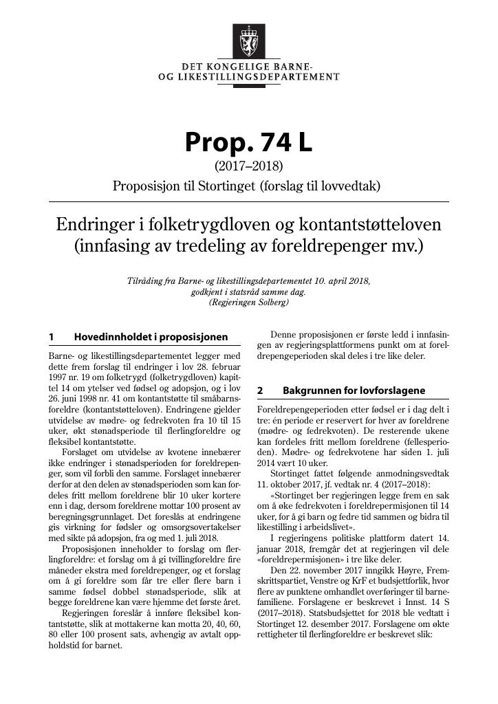 Forsiden av dokumentet Prop. 74 L (2017–2018)