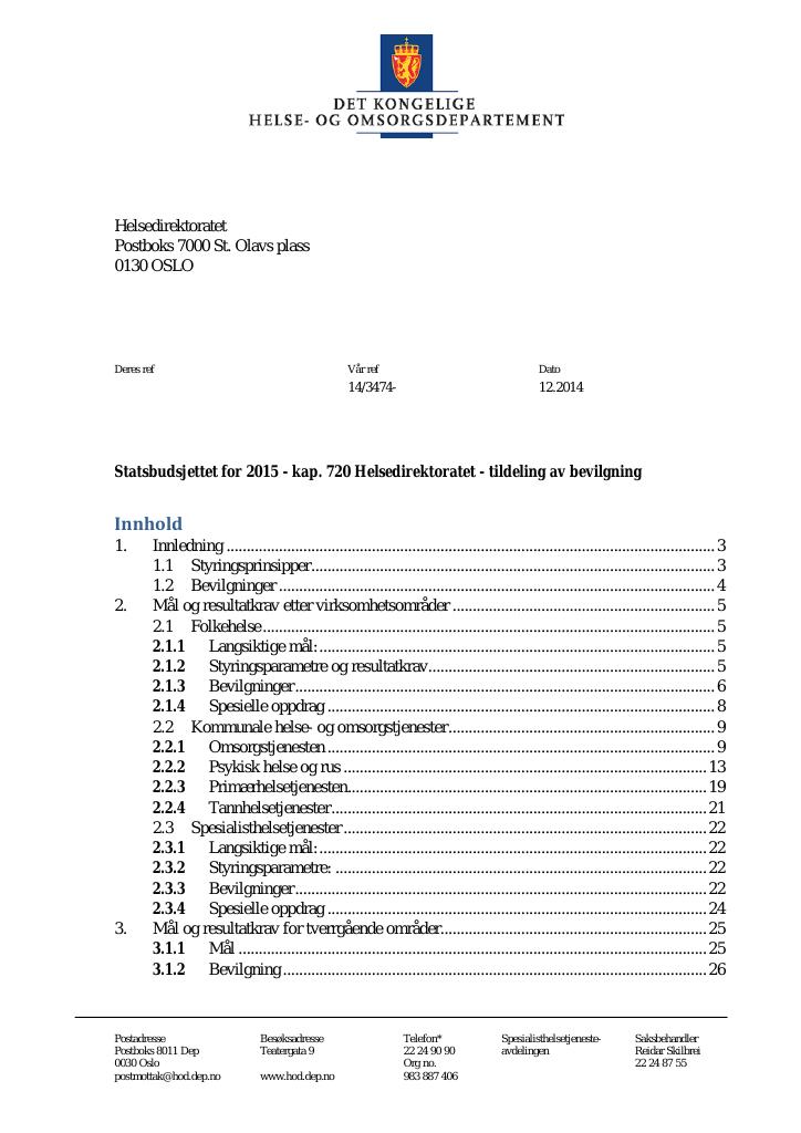 Forsiden av dokumentet Statsbudsjettet 2015: Tildelingsbrev Helsedirektoratet