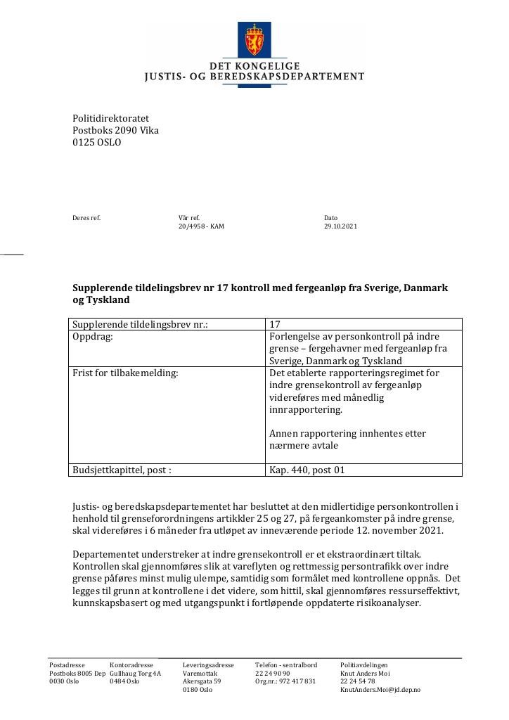 Forsiden av dokumentet Tildelingsbrev Politidirektoratet 2021 - tillegg nr. 17
