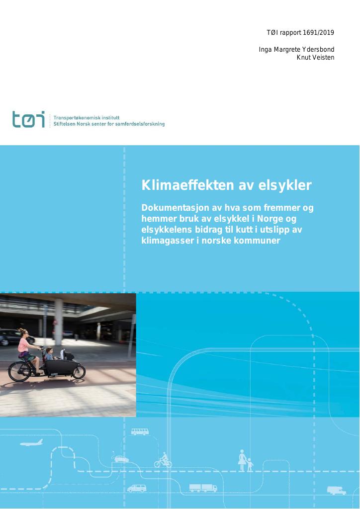 Forsiden av dokumentet Klimaeffekten av elsykkel : Dokumentasjon av hva som fremmer og hemmer bruk av elsykkel i Norge og elsykkelens bidrag til kutt i utslipp av klimagasser i norske kommuner