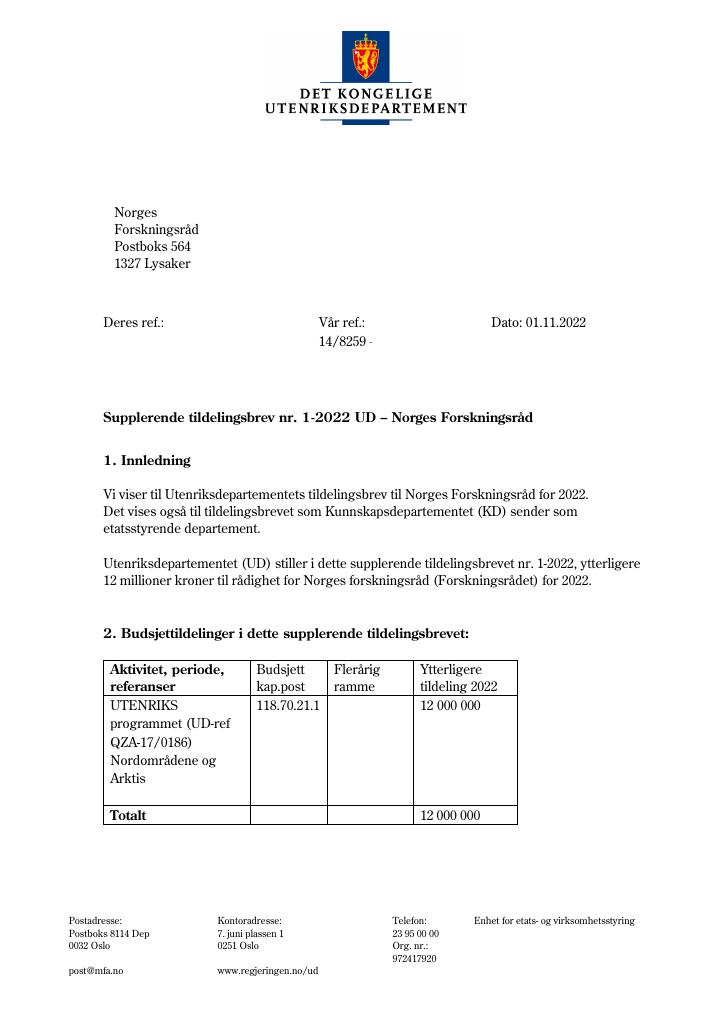 Forsiden av dokumentet Tildelingsbrev Forskningsrådet 2022 - tillegg nr. 1