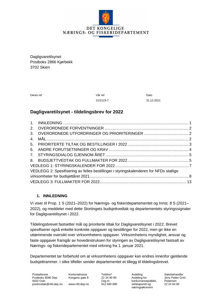 Forsiden av dokumentet Tildelingsbrev Dagligvaretilsynet 2022