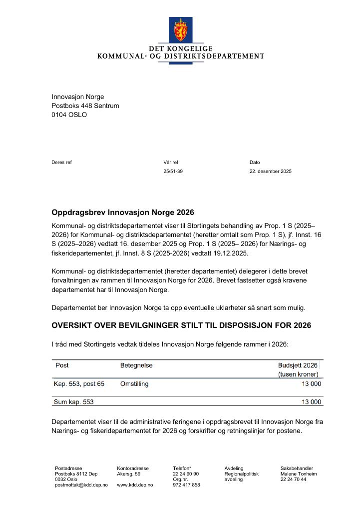 Forsiden av dokumentet Oppdragsbrev Innovasjon Norge 2026