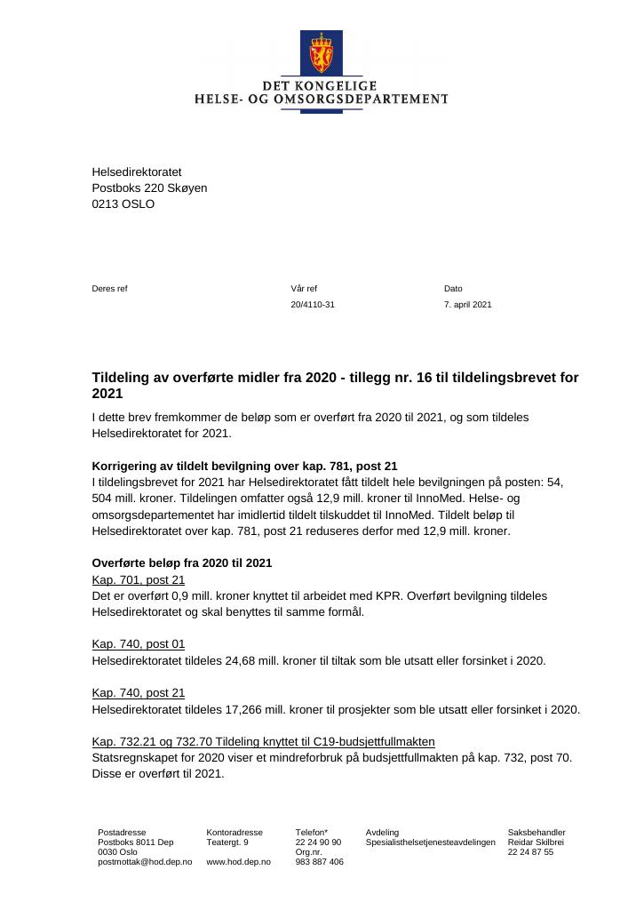 Forsiden av dokumentet Tildelingsbrev Helsedirektoratet 2021 - tillegg nr. 16