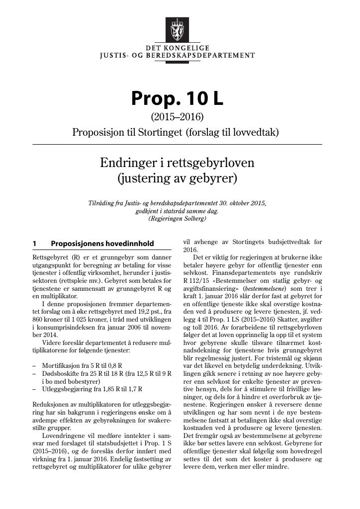 Forsiden av dokumentet Prop. 10 L (2015–2016)