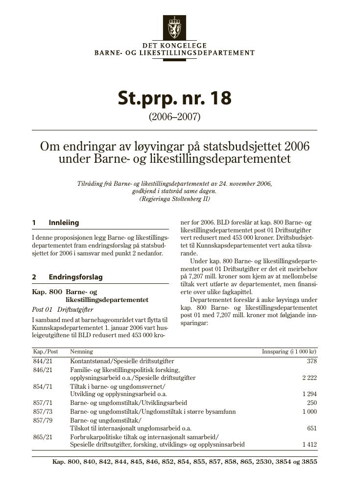 Forsiden av dokumentet St.prp. nr. 18 (2006-2007)