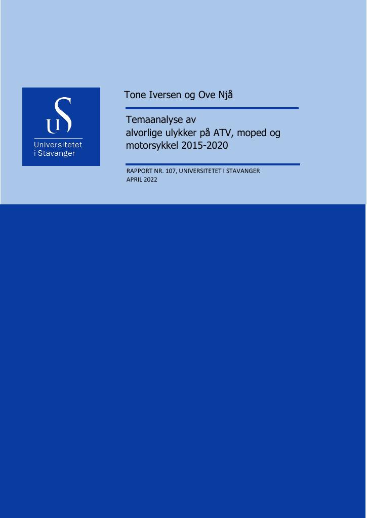 Forsiden av dokumentet Temaanalyse av alvorlige ulykker på ATV, moped og motorsykkel : Rapport nr. 107