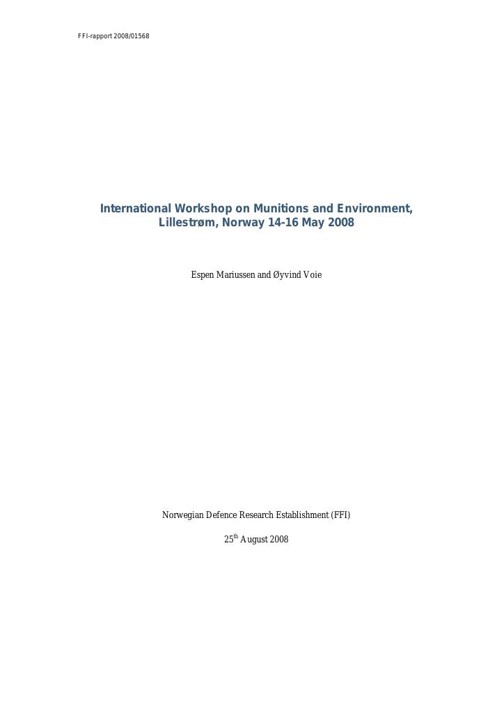 Forsiden av dokumentet International Workshop on Munitions and Environment, Lillestrøm, Norway 14-16 May 2008