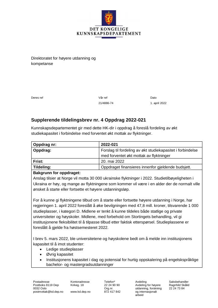 Forsiden av dokumentet Tildelingsbrev Direktoratet for høyere utdanning og kompetanse 2022 - tillegg nr. 4