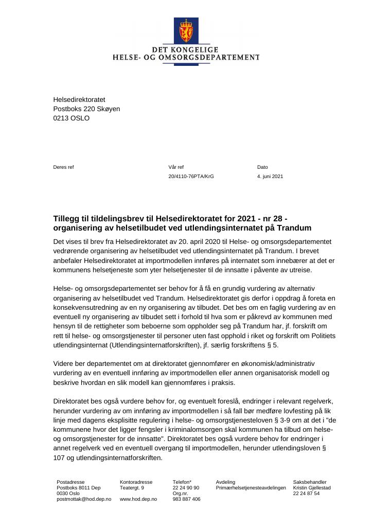 Forsiden av dokumentet Tildelingsbrev Helsedirektoratet 2021 - tillegg nr. 28