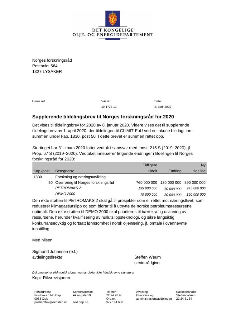 Forsiden av dokumentet Tildelingsbrev Norges forskningsråd 2020 - tillegg nr. 2