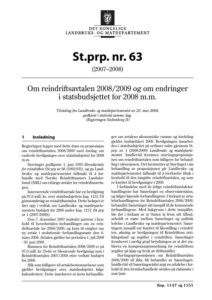 Forsiden av dokumentet St.prp. nr. 63 (2007-2008)