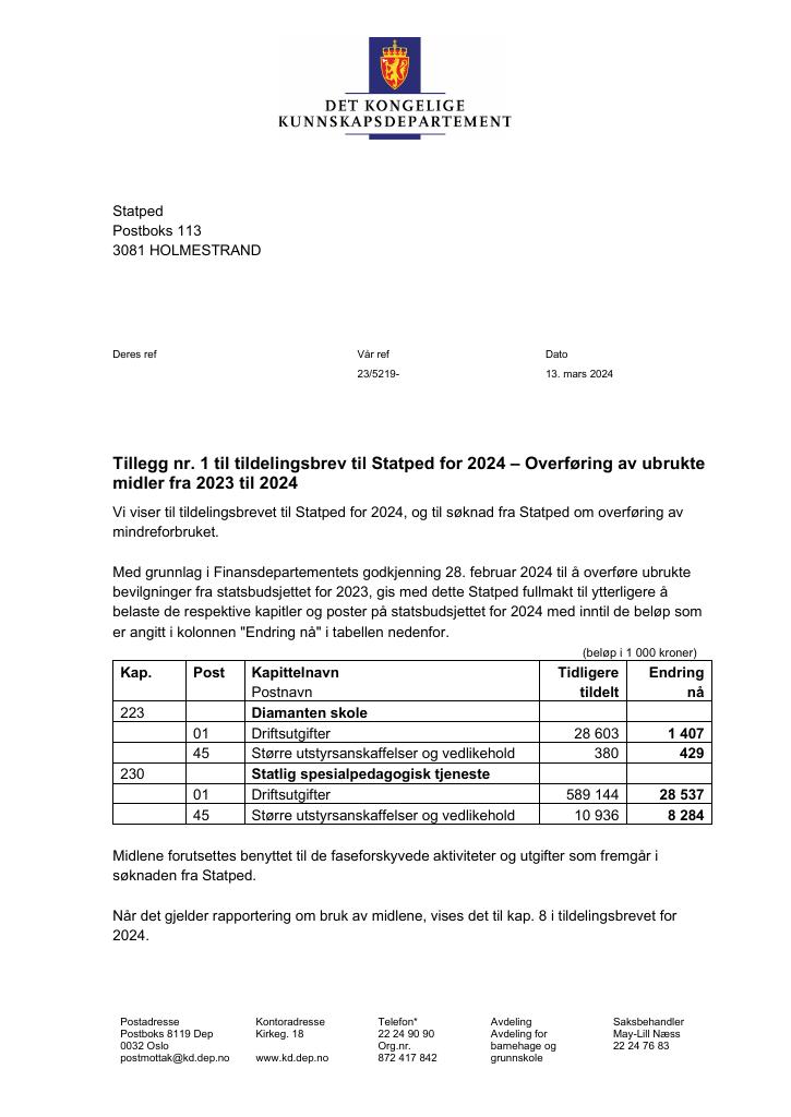 Forsiden av dokumentet Tildelingsbrev Statped 2024 - tillegg