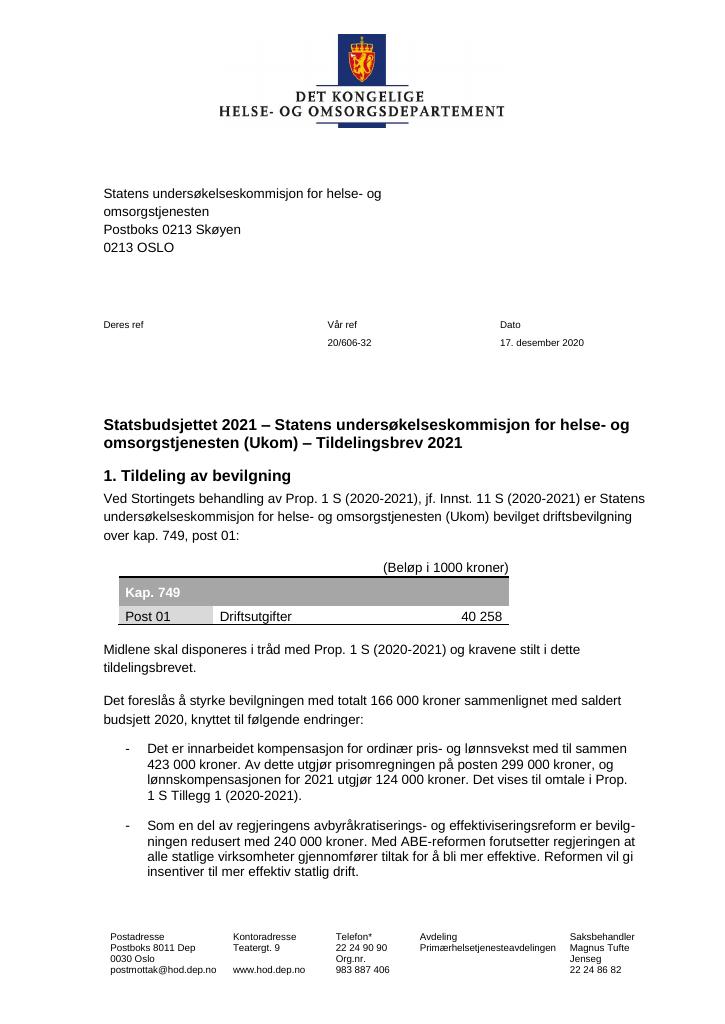 Forsiden av dokumentet Tildelingsbrev Statens undersøkelseskommisjon for helse- og omsorgstjenesten 2021