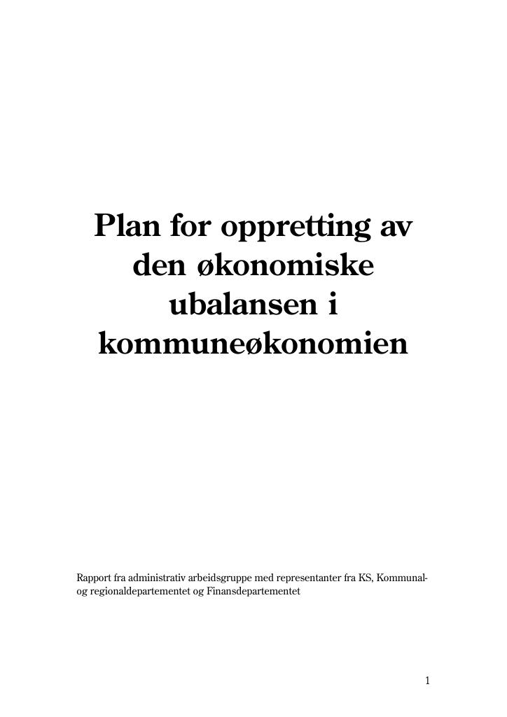 Forsiden av dokumentet Plan for oppretting av den økonomiske ubalansen i kommuneøkonomien