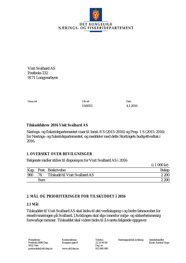 Forsiden av dokumentet Tilskuddsbrev