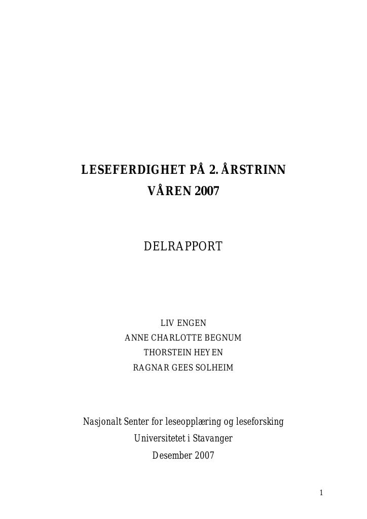 Forsiden av dokumentet Kartlegging av leseferdighet på 2. trinn våren 2007