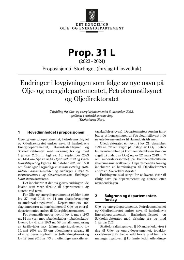 Forsiden av dokumentet Prop. 31 L (2023–2024)