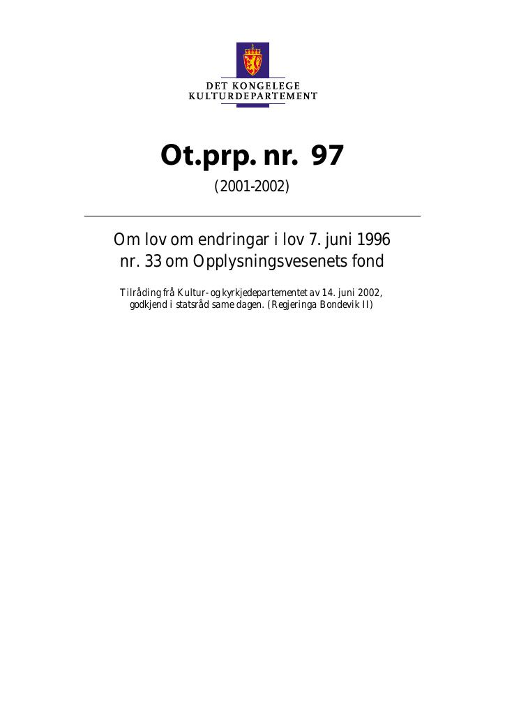 Forsiden av dokumentet Ot.prp. nr. 97 (2001-2002)